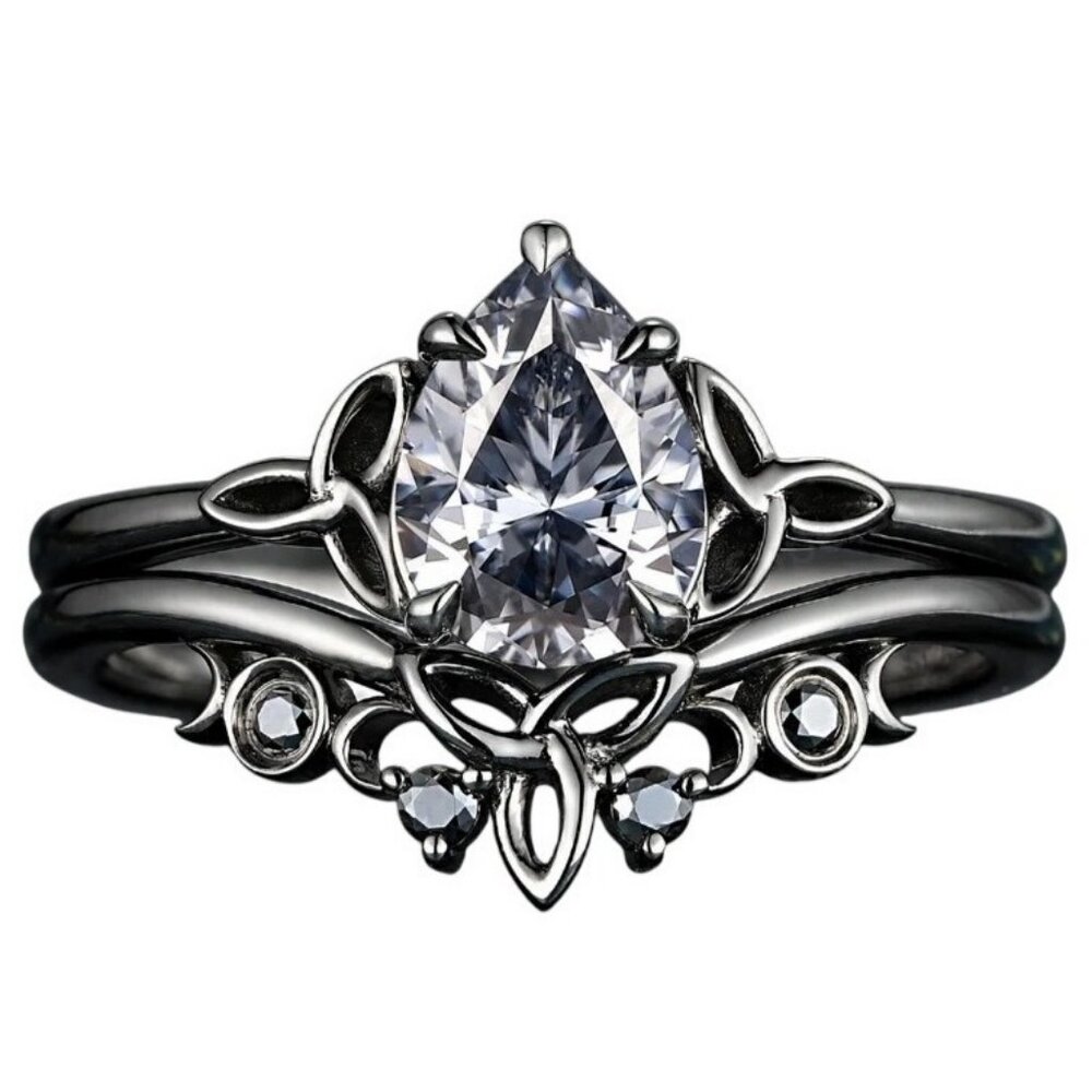 Pear Cut Gray Moissanite Celtic Knot 2 pc Bridal Wedding engagement ring Rhodium